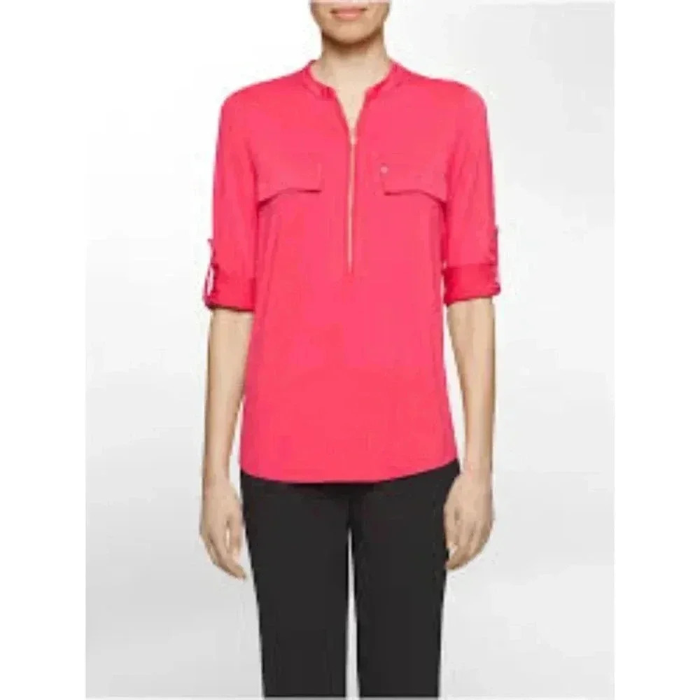 Calvin Klein Women's Pink Zip Roll-up 3/4 Sleeve Top